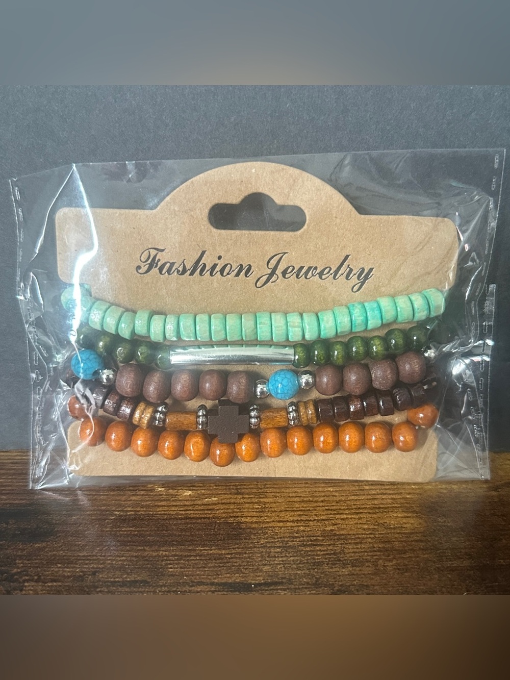Wooden Turquoise Green Brown Orange Beaded Bracelet Stack
